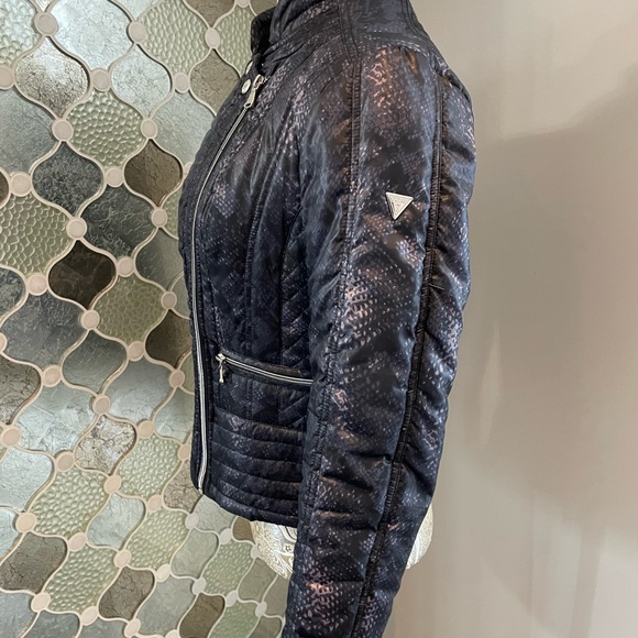 GUESS Womens Python Print Moto Puffer Jacket Black/gray XS - Picture 9 of 14